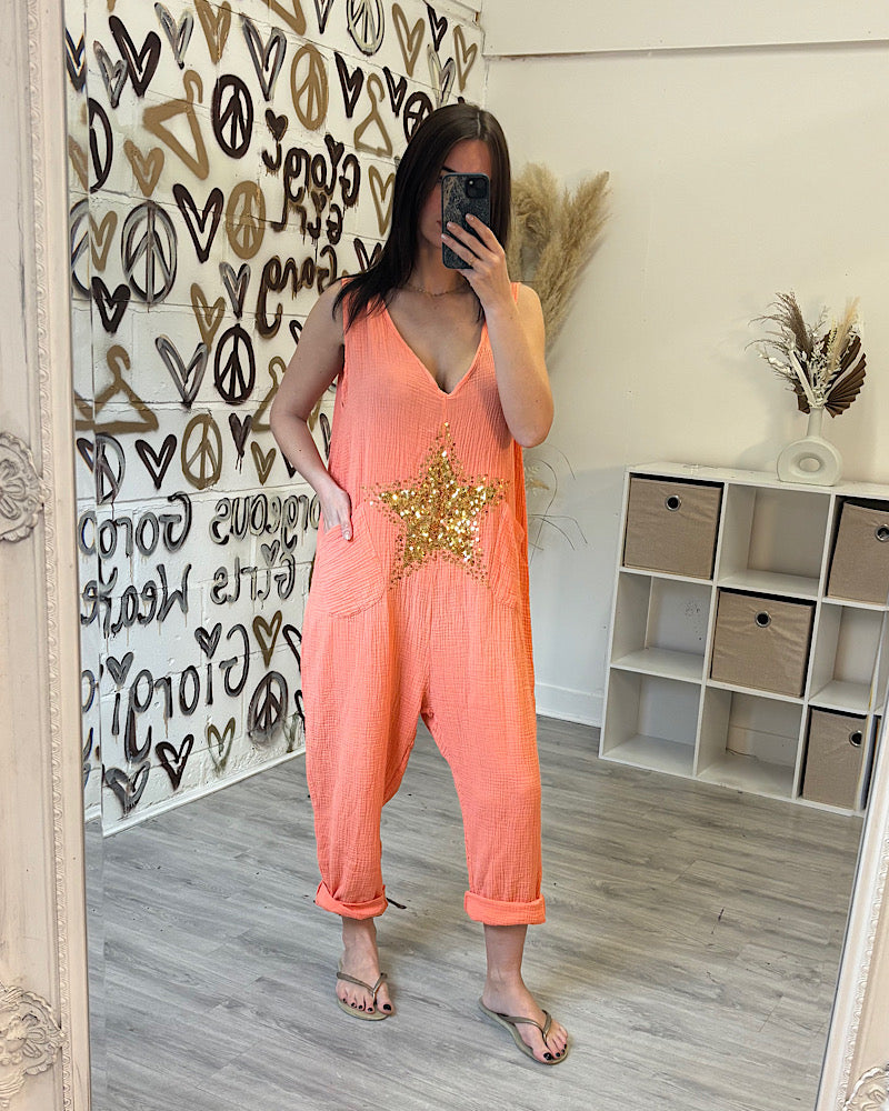 STAR ORANGE STAR CHEESECLOTH JUMPSUIT