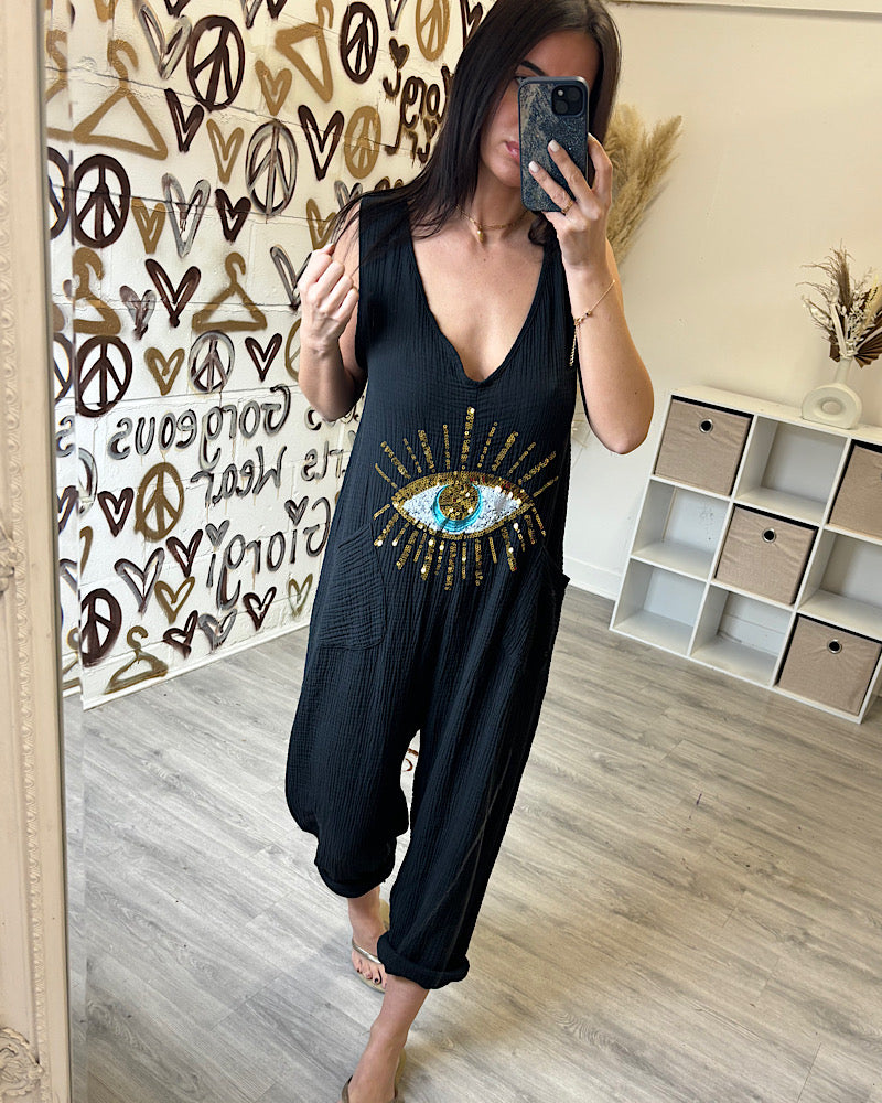 EVELYN BLACK EYE CHEESECLOTH JUMPSUIT
