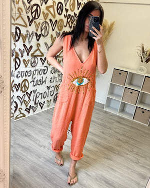 EVELYN ORANGE EYE CHEESECLOTH JUMPSUIT