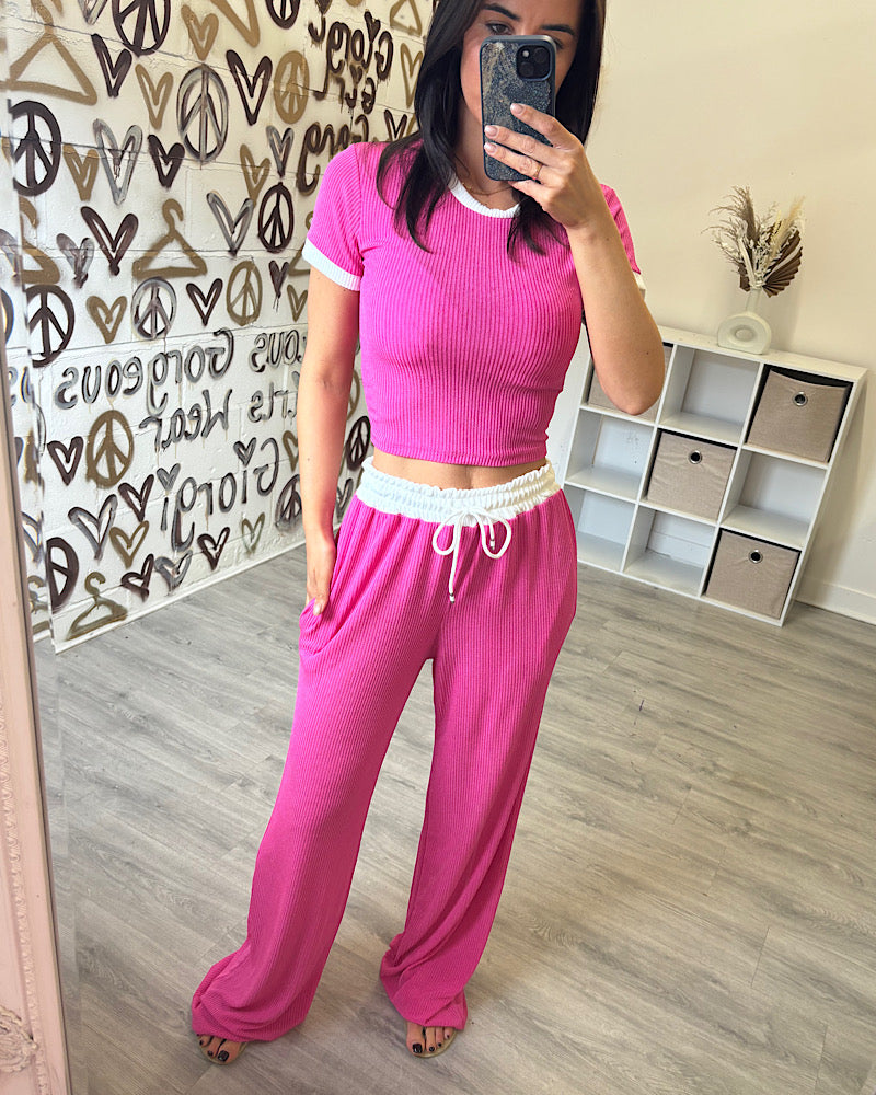 ANNIE PINK RIBBED LOUNGESET