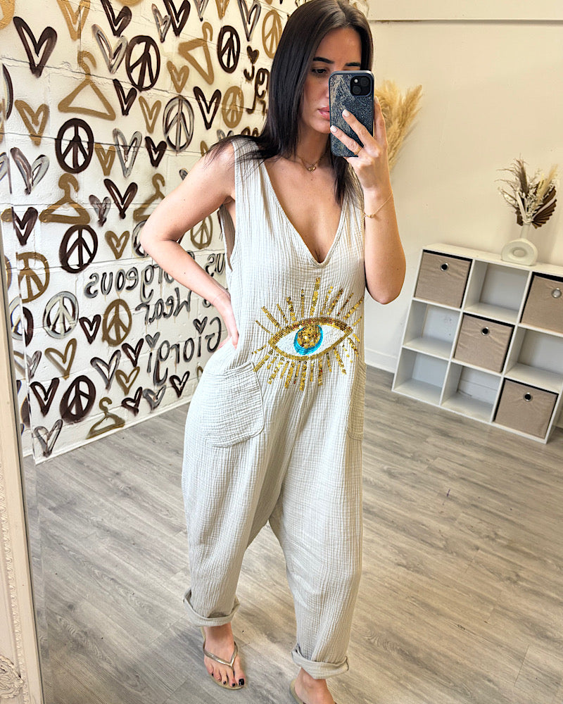 EVELYN BEIGE EYE CHEESECLOTH JUMPSUIT