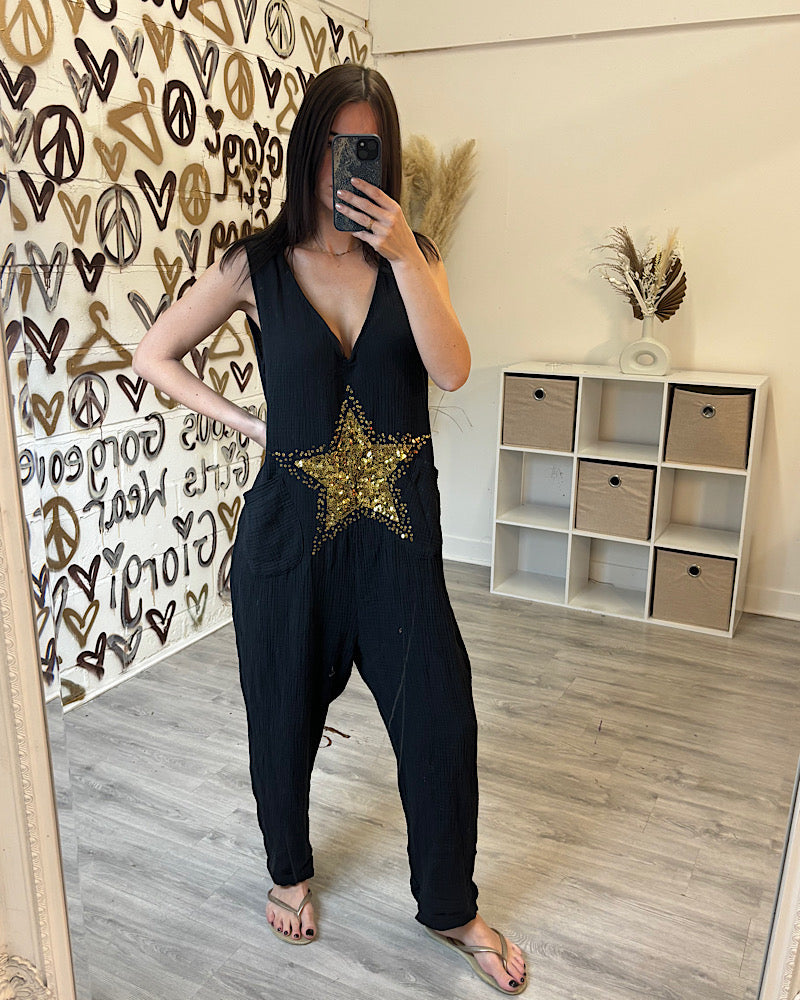 STAR BLACK STAR CHEESECLOTH JUMPSUIT
